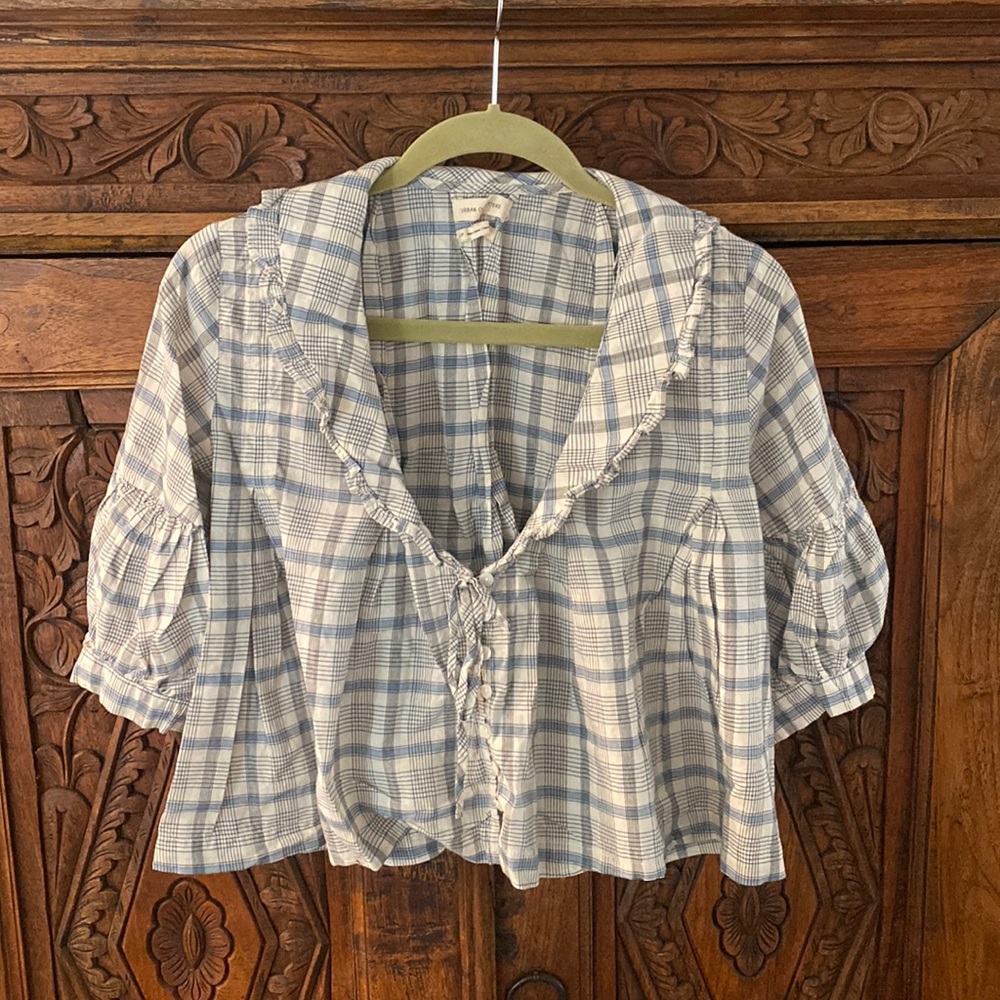 Plaid blue white ruffle top